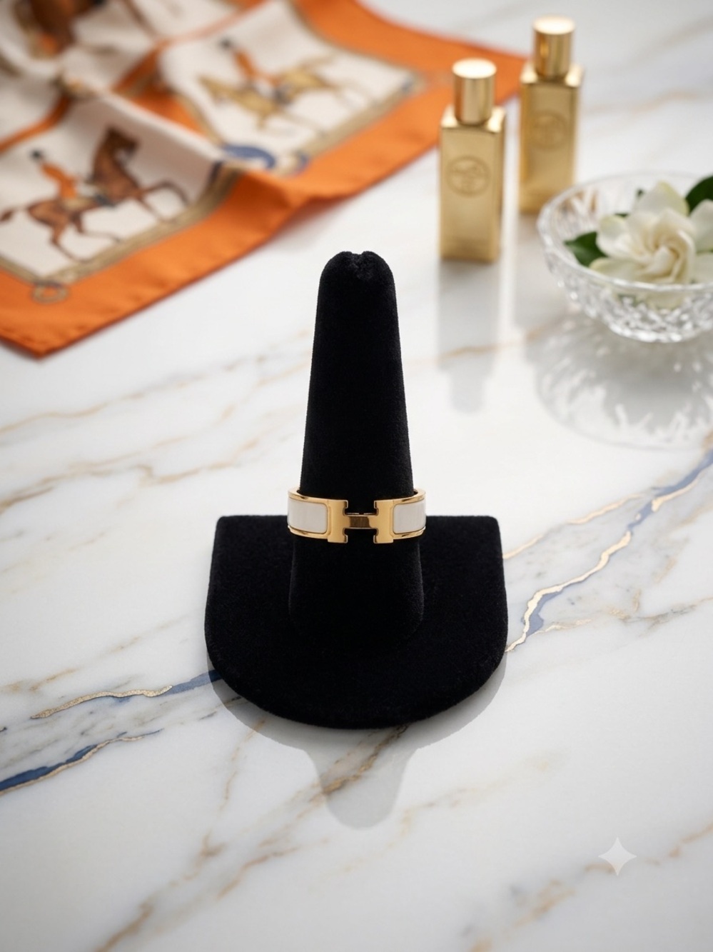 Gold-Tone H Ring with White Enamel – Size 10 – Stainless Steel